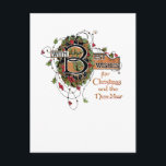 Elegant Ornate jul Hälsning med Holly Vykort<br><div class="desc">Vintage som är typisk för att ha en välsköljd typografi med texten "Med bästa Önskemål för jul och nyår",  svart och guld med holly,  mistletoe och snurrande vin. Baksidan har kompletterande grafik och redigerbar fält.</div>
