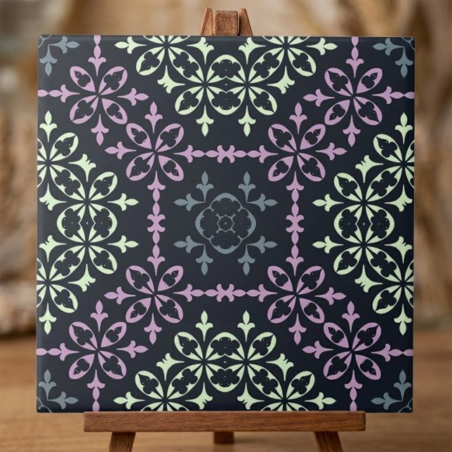 Elegant Ornate Lacy Blue Lila Cream Mönster Kakelplatta (Skapare uppladdad)