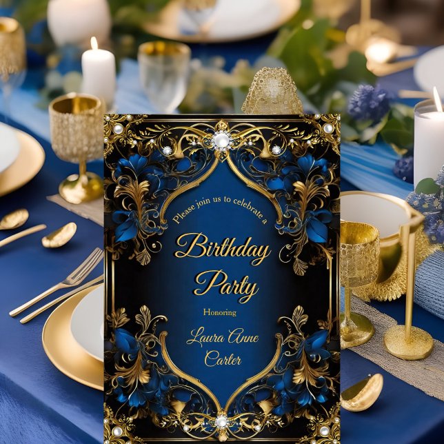 Elegant Ornate Royal Blue Guld Pearl-födelsedag Inbjudningar (Skapare uppladdad)