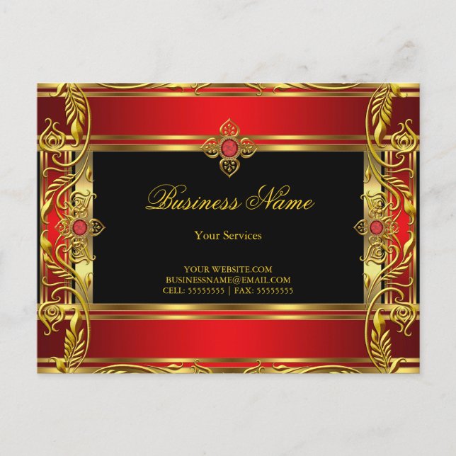 Elegant Ornate Royal Red Jewel Black Guld Vykort (Framsida)