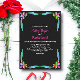 Elegant Ornate Shiny Black Modern Blommigt Bröllop Inbjudningar