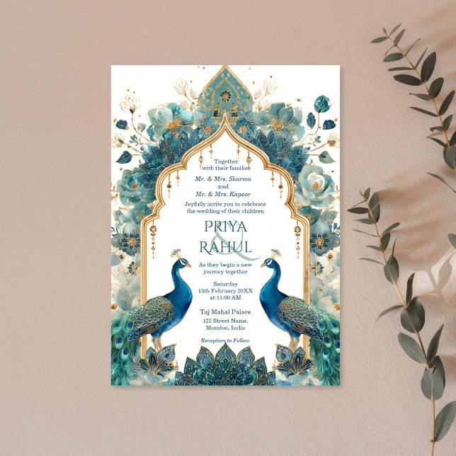Elegant Ornate Vintage Påfåglar Indisk Bröllop Inbjudningar (blue and green floral indian wedding invitation with arch, flowers and two peacocks)