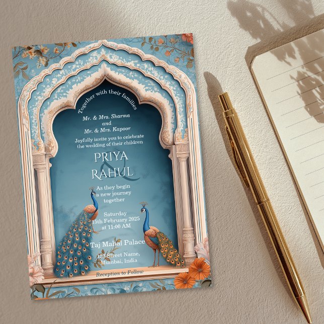 Elegant Ornate Vintage Peacocks Indian Bröllop Inbjudningar (blue indian arch with two peacocks wedding invitation)