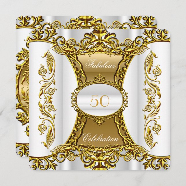Elegant Ornate White Guld Fabulous 50:e födelsedag Inbjudningar (Fram/baksida)