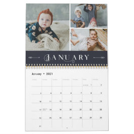 Elegant Ornate White Navy Months Photo Collage Kalender