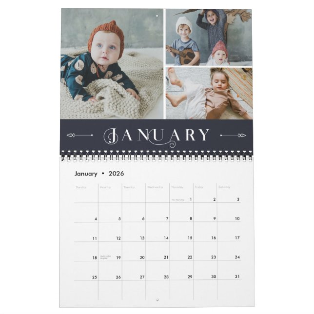Elegant Ornate White Navy Months Photo Collage Kalender (Jan 2026)