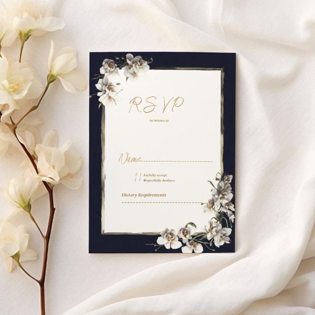 Elegant OSA av marin blå guld-vit orchid-blommigt Inbjudningar (Elegant navy blue gold white orchid floral RSVP)