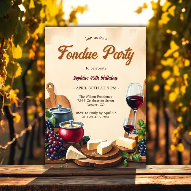 Elegant Ost Vin Fondue Födelsedagsfest Inbjudningar (Elegant Cheese and Wine Fondue Birthday Party Invitation)