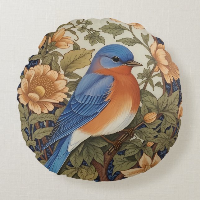 Elegant Östra Bluebird William Morris Inspired Rund Kudde (Framsidan)