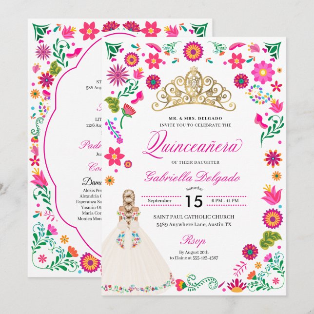 Elegant Otomi Embroidery Quinceañera-inbjudan Inbjudningar (Fram/baksida)