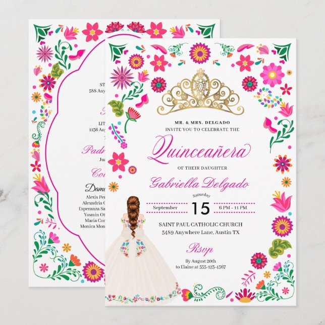 Elegant Otomi Embroidery Quinceañera-inbjudan Inbjudningar (Fram/baksida)