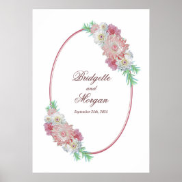 Elegant Oval Gräns Rosa Blommigt Bröllop Poster