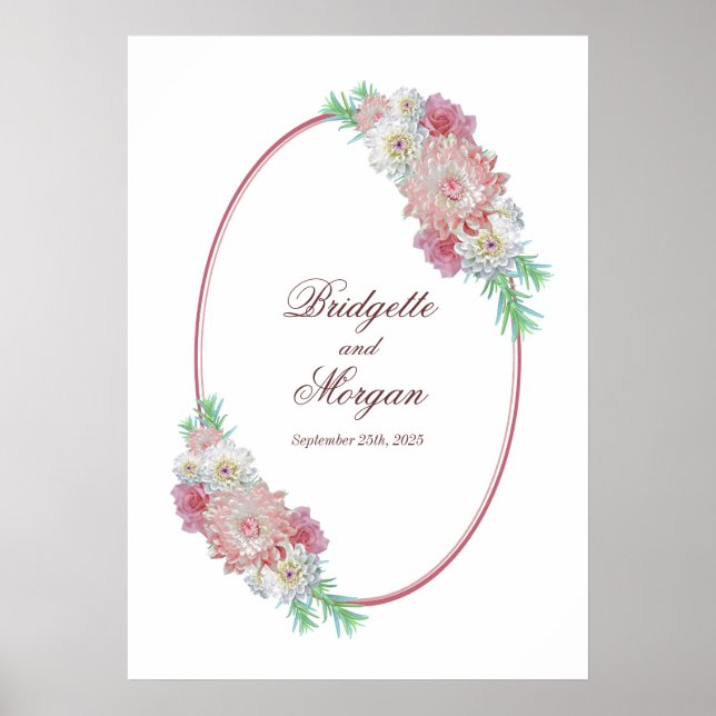 Elegant Oval Gräns Rosa Blommigt Bröllop Poster (Framsidan)