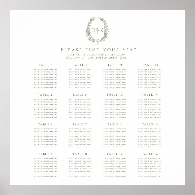 Elegant oval olive green wedding 16 tables plan poster (Framsidan)