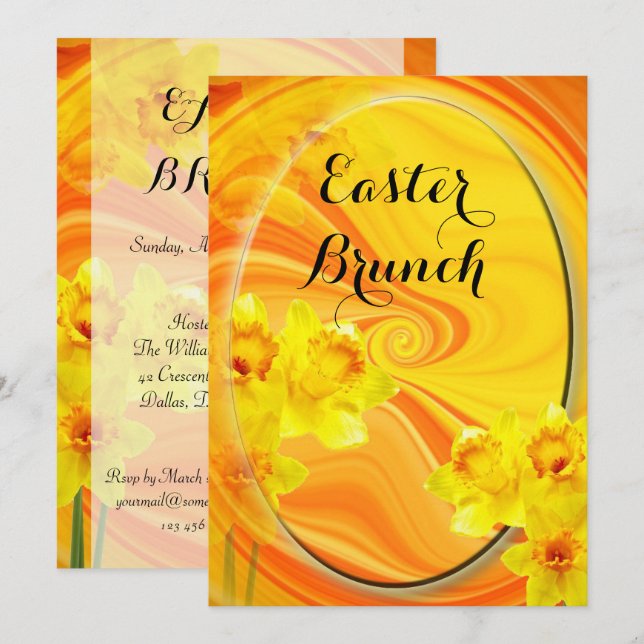 Elegant oval påskbrunch med abstrakt narcissdesign inbjudningar (Fram/baksida)