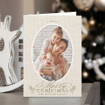 Elegant Oval Ram God jul Foto-mappat Helgkort<br><div class="desc">Minimal helgdag-fotokort med en 'God jul-skript med pinecone-vrickor på faux-kanvastryckets bakgrund. Om du vill ha en mer avancerad anpassning av den här designen klickar du på knappen DESIGN VERKTYG ovan!</div>