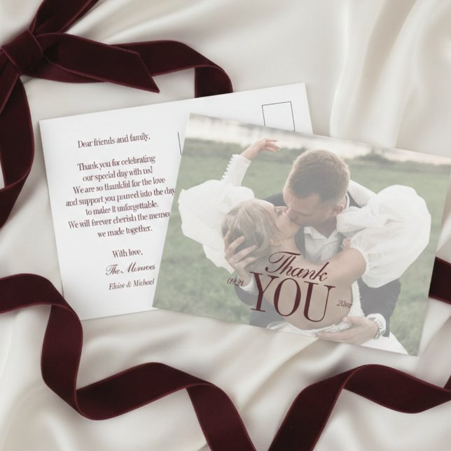 Elegant överlagring av bröllopsfotots tackkort med vykort (Elegant Script Overlay Wedding Photo Thank You Postcard)