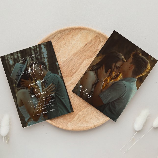 Elegant Overlay 2 Photo Script Monogram Bröllop Inbjudningar (Skapare uppladdad)