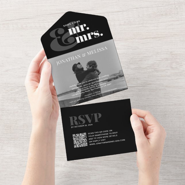 Elegant Overlay Photo Script QR-kod Black Bröllop (Avrivbar del)