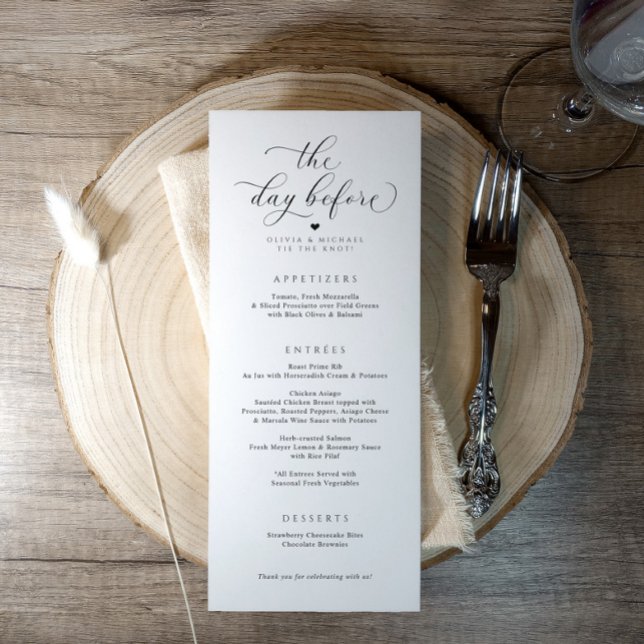 Elegant Övningsmiddag Dagen Innan Bröllopet Meny (Elegant “The Day Before” rehearsal dinner menu with swirly script and modern typography.)