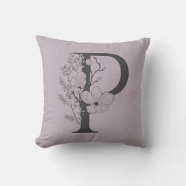 Elegant P Boho Blommigt Monogram Initial Lilac Grå Kudde