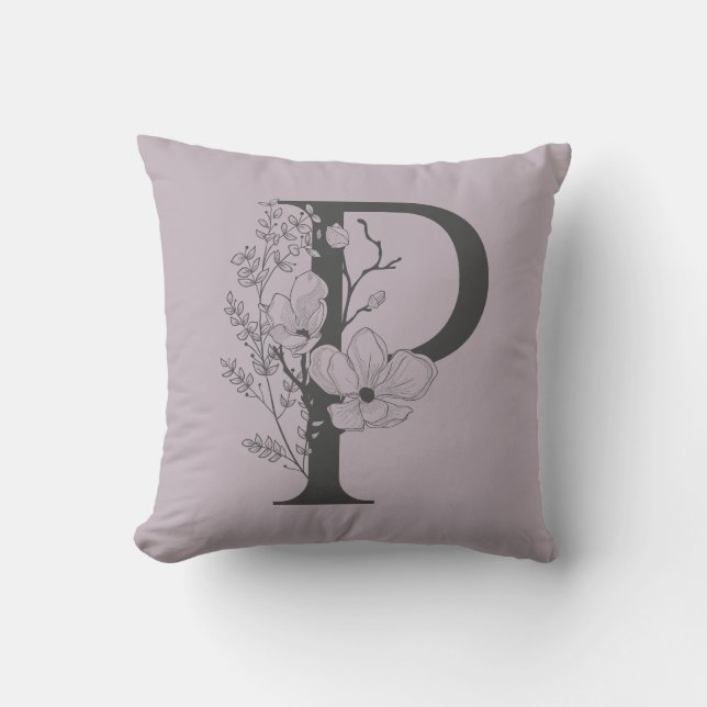 Elegant P Boho Blommigt Monogram Initial Lilac Grå Kudde (Framsida)