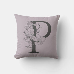 Elegant P Boho Blommigt Monogram Initialt Lilac Gr Kudde