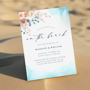 Elegant på Beach Blue Watercolor Bröllop Inbjudningar