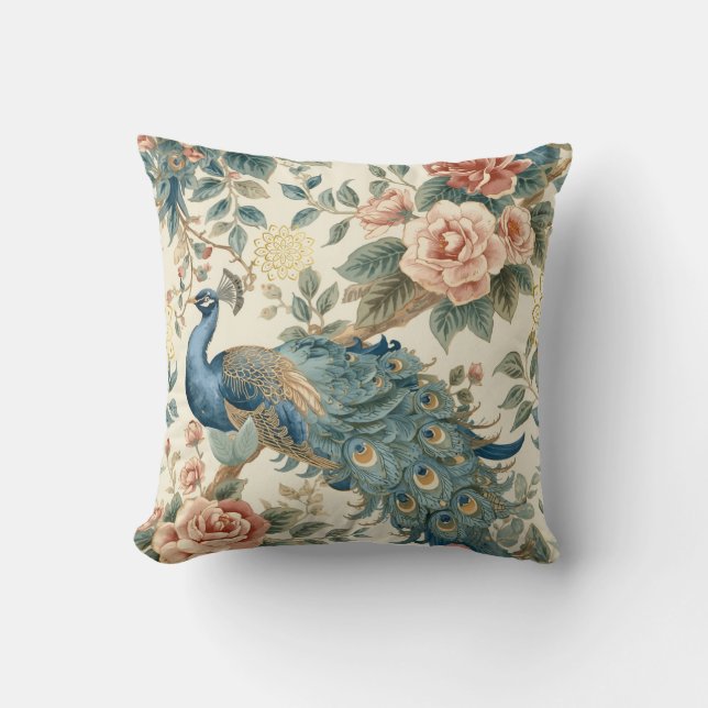 Elegant Påfågel Blommig  Kudde (Framsida)