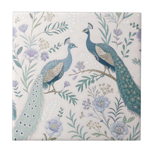 Elegant Påfågel Blommig Vintage (12) Kakelplatta