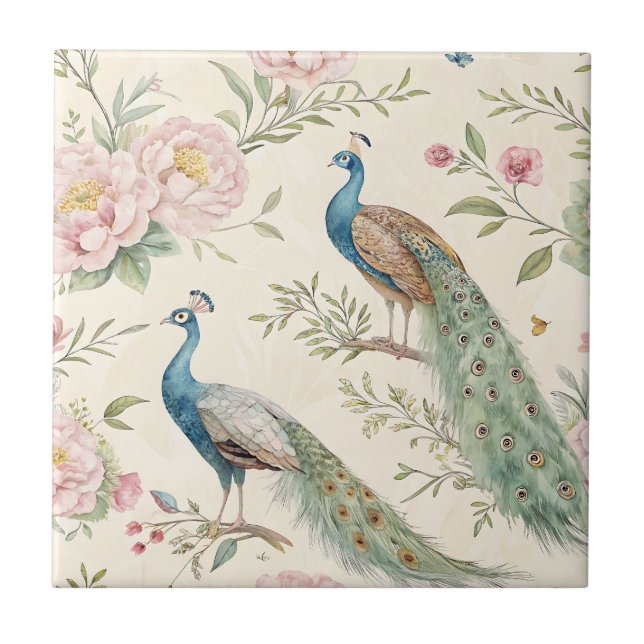 Elegant Påfågel Blommig Vintage (13) Kakelplatta (Framsidan)