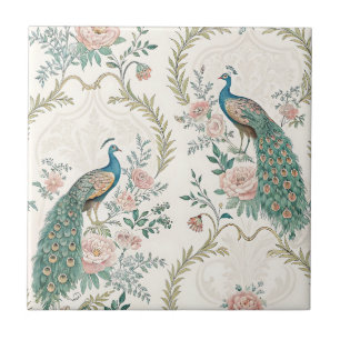 Elegant Påfågel Blommig Vintage (15) Kakelplatta