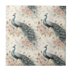 Elegant Påfågel Blommig Vintage (17) Kakelplatta