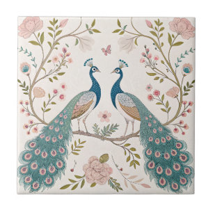Elegant Påfågel Blommig Vintage (18) Kakelplatta