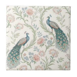 Elegant Påfågel Blommig Vintage (20) Kakelplatta