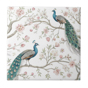 Elegant Påfågel Blommig Vintage (2) Kakelplatta
