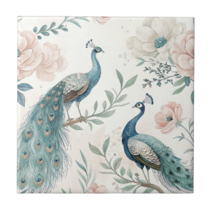 Elegant Påfågel Blommig Vintage (4) Kakelplatta
