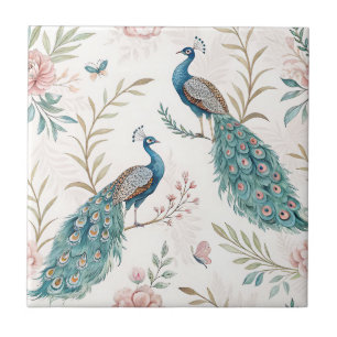 Elegant Påfågel Blommig Vintage (5) Kakelplatta