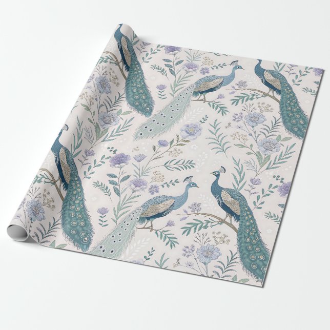Elegant Påfågel Blommig Vintage (5) Presentpapper (Utrullad)