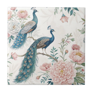 Elegant Påfågel Blommig Vintage (8) Kakelplatta