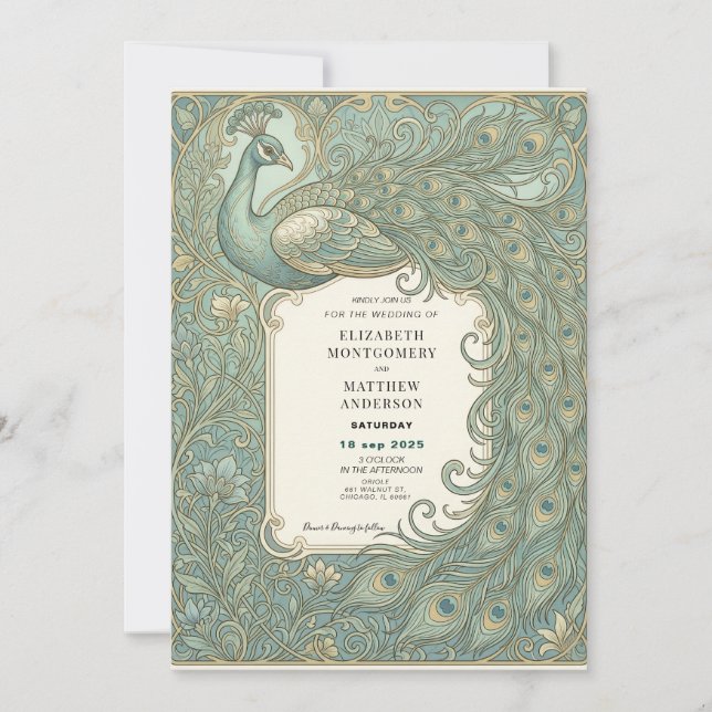 Elegant Påfågel Bröllopsinbjudan Art Nouveau Inbjudningar (Framsida)