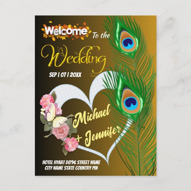 Elegant Påfågel Fjäder & Ros Anpassad Bröllop  Vykort (Framsida)