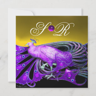 ELEGANT PÅFÅGEL I LILA, GUL BRÖLLLOPSMONOGRAM INBJUDNINGAR
