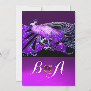 ELEGANT PÅFÅGEL I LILA,SVART BRÖLLLOP MONOGRAM INBJUDNINGAR