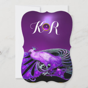 ELEGANT PÅFÅGEL I LILA,SVART BRÖLLLOP MONOGRAM INBJUDNINGAR