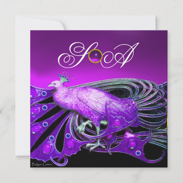 ELEGANT PÅFÅGEL I LILA,SVART BRÖLLLOP  MONOGRAM INBJUDNINGAR (Framsida)