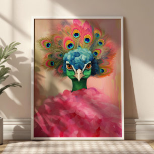 Elegant påfågel i rosa päls Djurmode Konst Poster