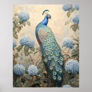 Elegant Påfågel med Blå Hortensior Oljemålning Poster