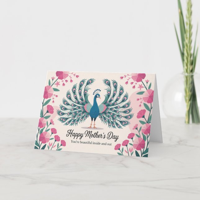 Elegant Påfågel Morsdags Blommig Djurfantast Helgkort (Framsida)