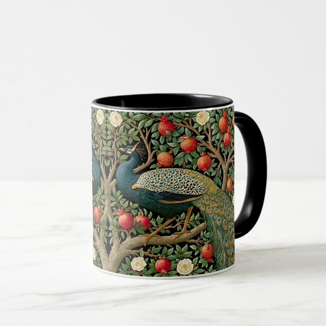 Elegant påfågel William Morris stil målning konst Mugg (Framsida höger)